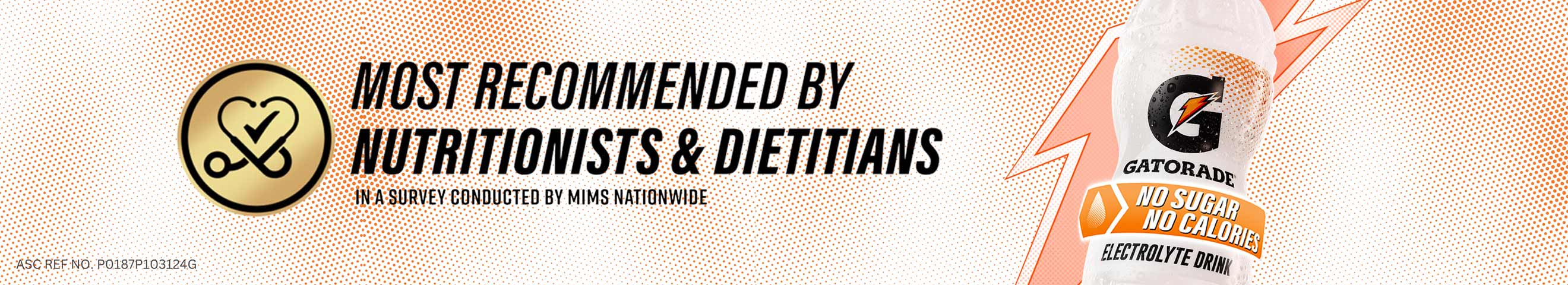 Most recommended by nutritionists and dietitians' with a 'Gatorade No Sugar No Calories bottle' and seal containing a heart shaped stethoscope.