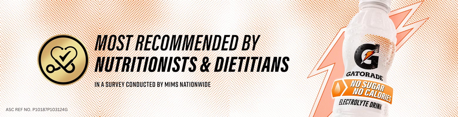 Most recommended by nutritionists and dietitians' with a 'Gatorade No Sugar No Calories bottle' and seal containing a heart shaped stethoscope.