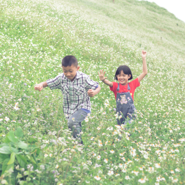 A young boy and a young girl having fun running in a field of tall grass on a bright day