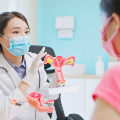 A female doctor holding a uterus model, gesturing while explaining a medical condition to a patient. The doctor's demeanor is professional and empathetic, engaged in educating the patient about their health.