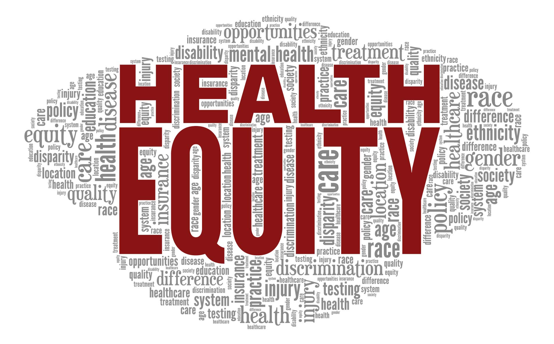 A word collage of related terms pertaining to health equity.