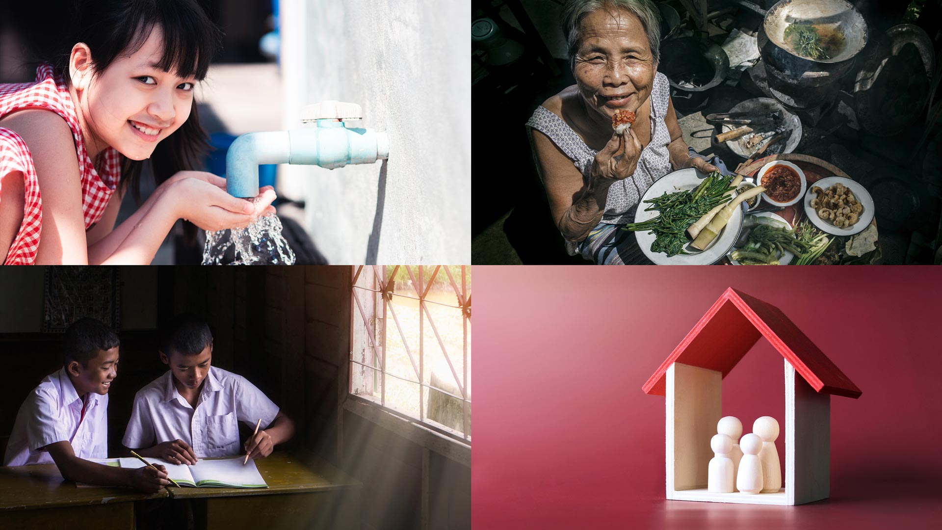 A collage of images of people depicting access to drinkable tap water, nutritious food, education and housing.