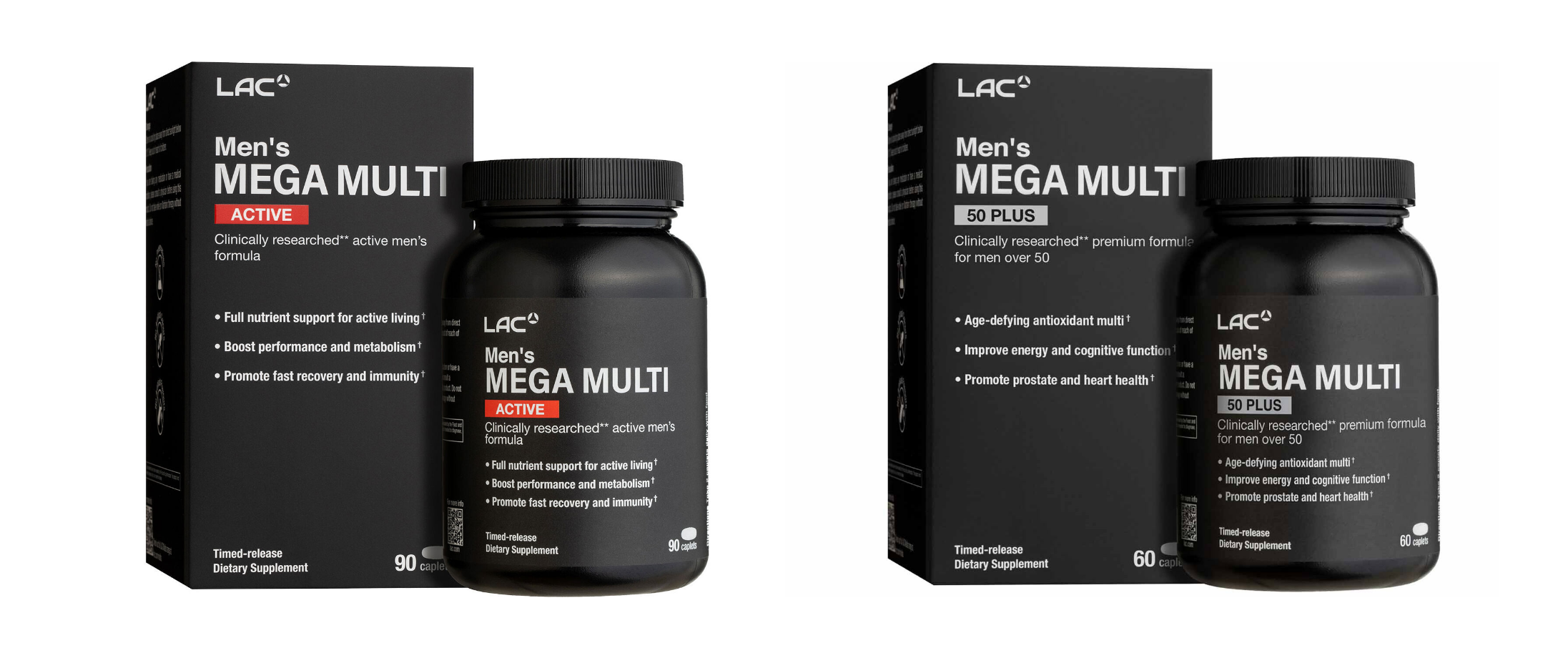 Packaging of LEC Men’s Mega Multi Active and Men’s Mega Multi 50 Plus supplements.